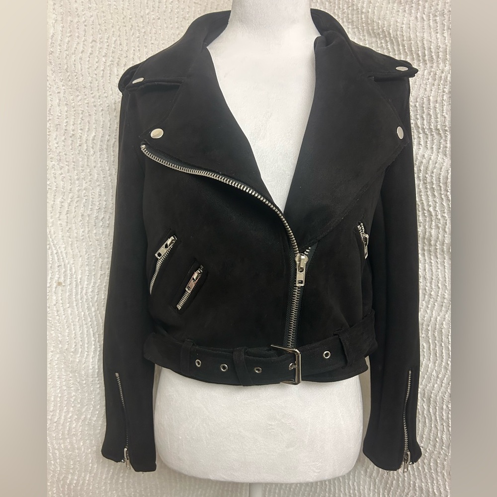Signature 8 Black Suede Moto Jacket L Belted Bomber Grunge 90s Y2K Leather Fall